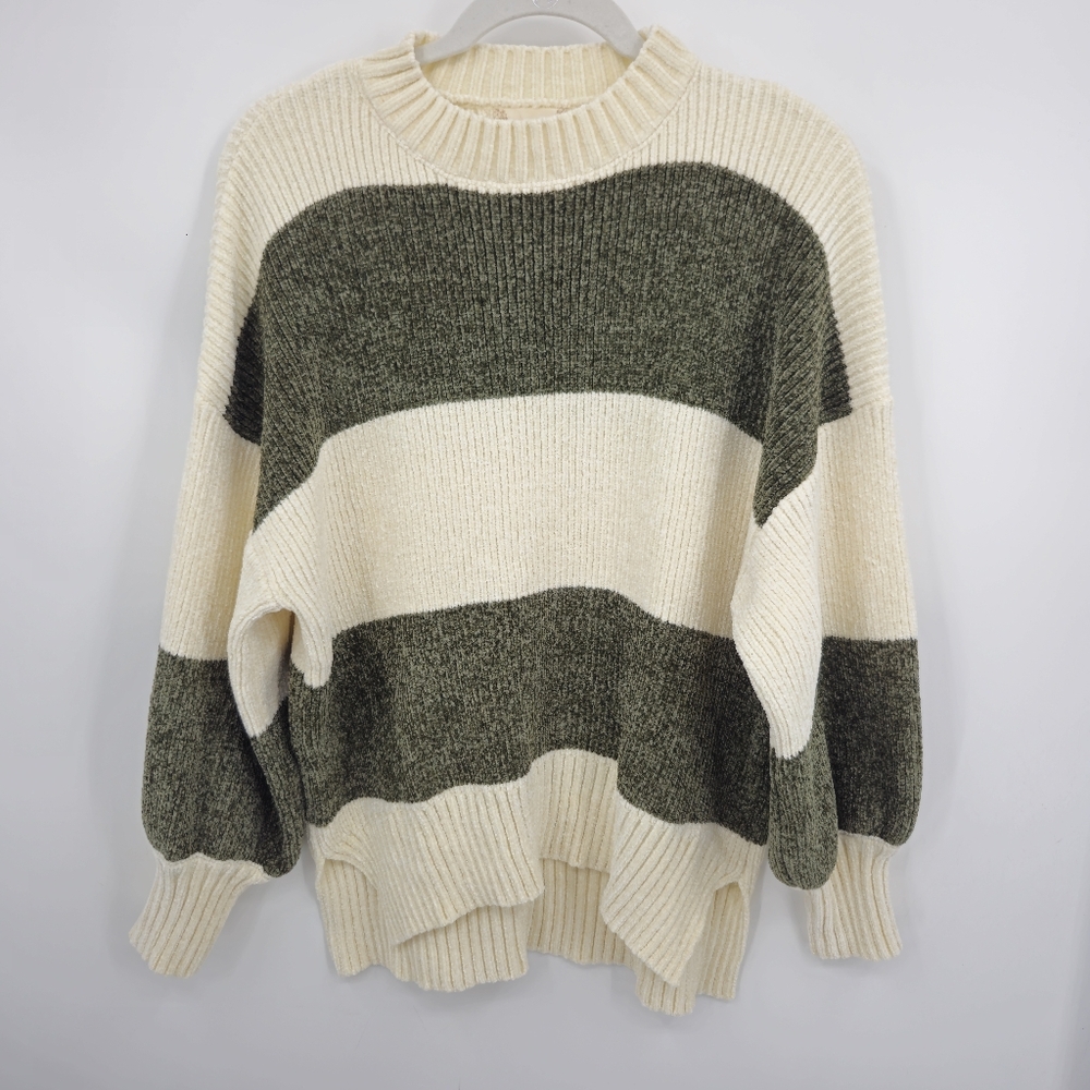 Altar'd State Sweater XS Cream Green Striped Oversized Chunky Chenille Knit Cozy